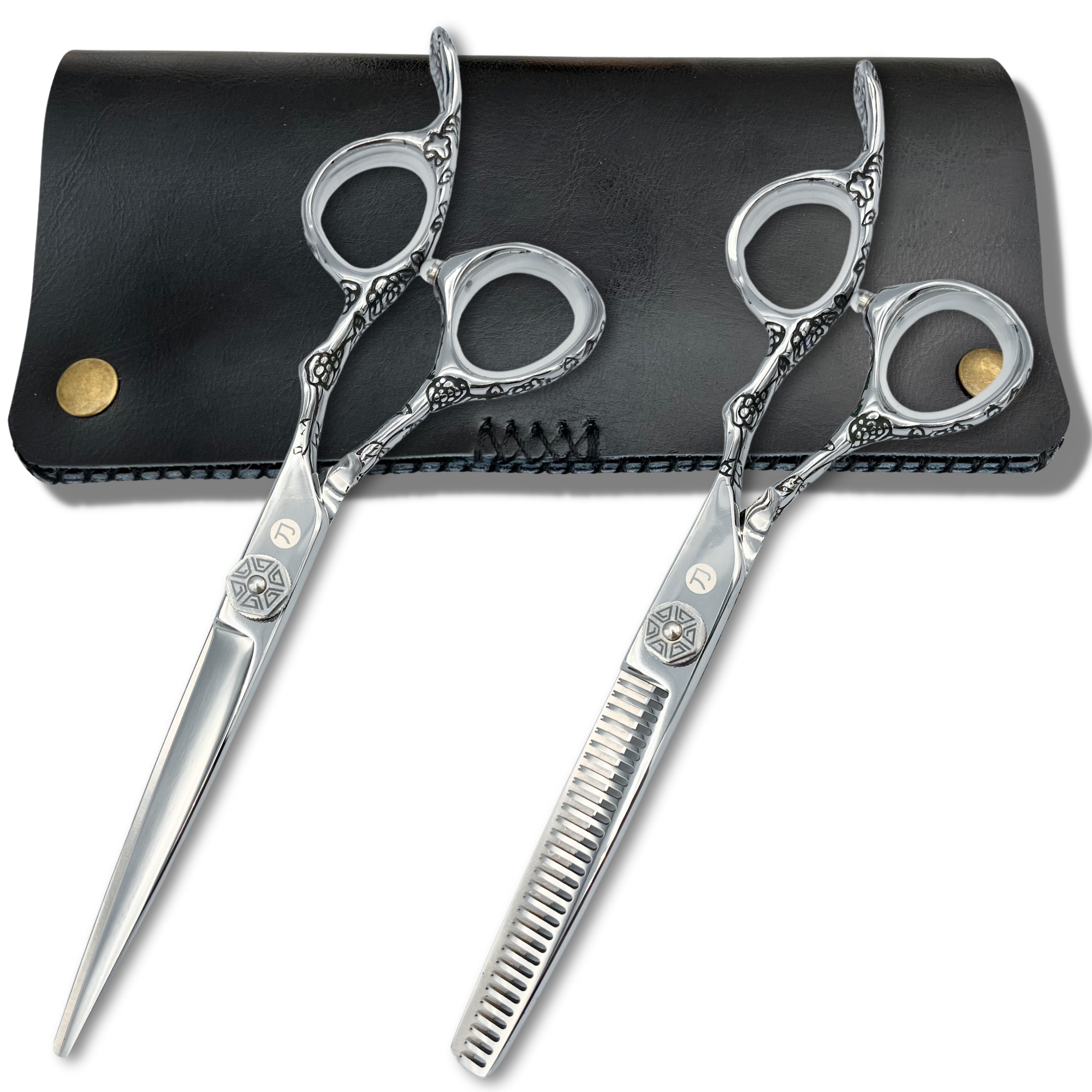 Saki Shears Kohana Engraved Steel Hair Shears Set (Hair Cutting and Thinning Shears)